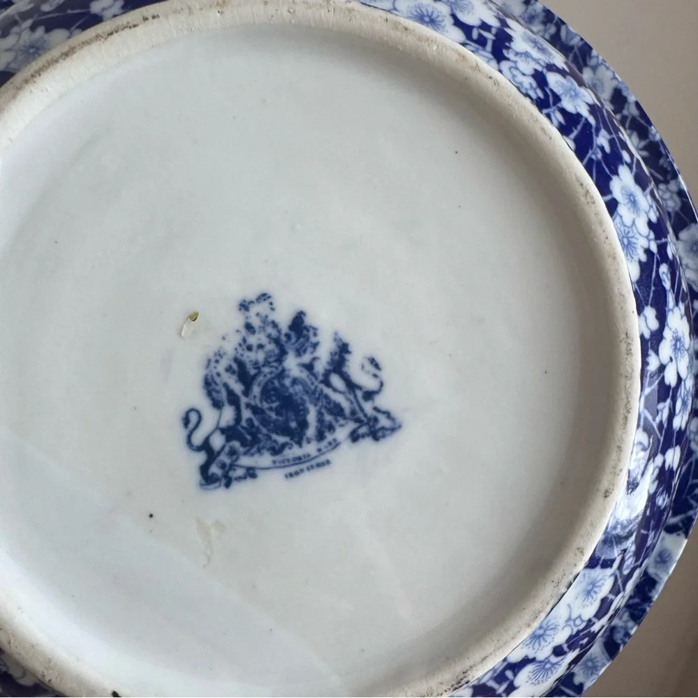 Antique Victoria Ware Ironstone Pitcher and Basin Blue Cobalt Floral Decor Bath - Picture 7 of 10